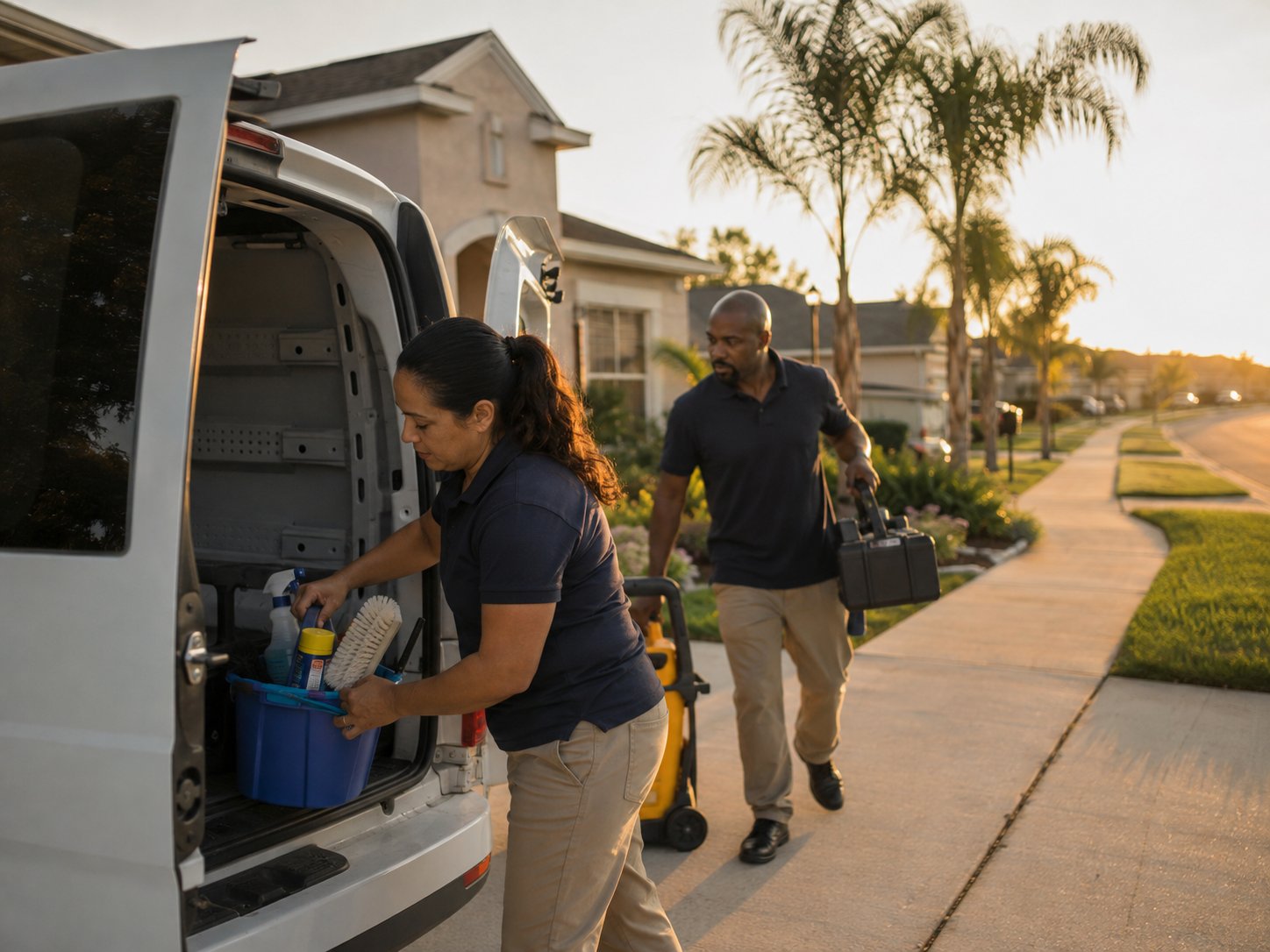 A two-person cleaning crew loading a van in a residential street at sunrise