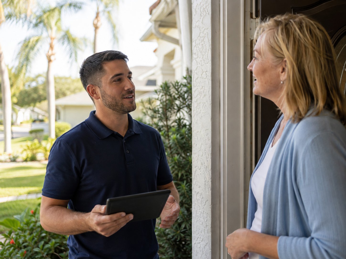 A cleaning company owner running an in-home estimate with a homeowner at the front door