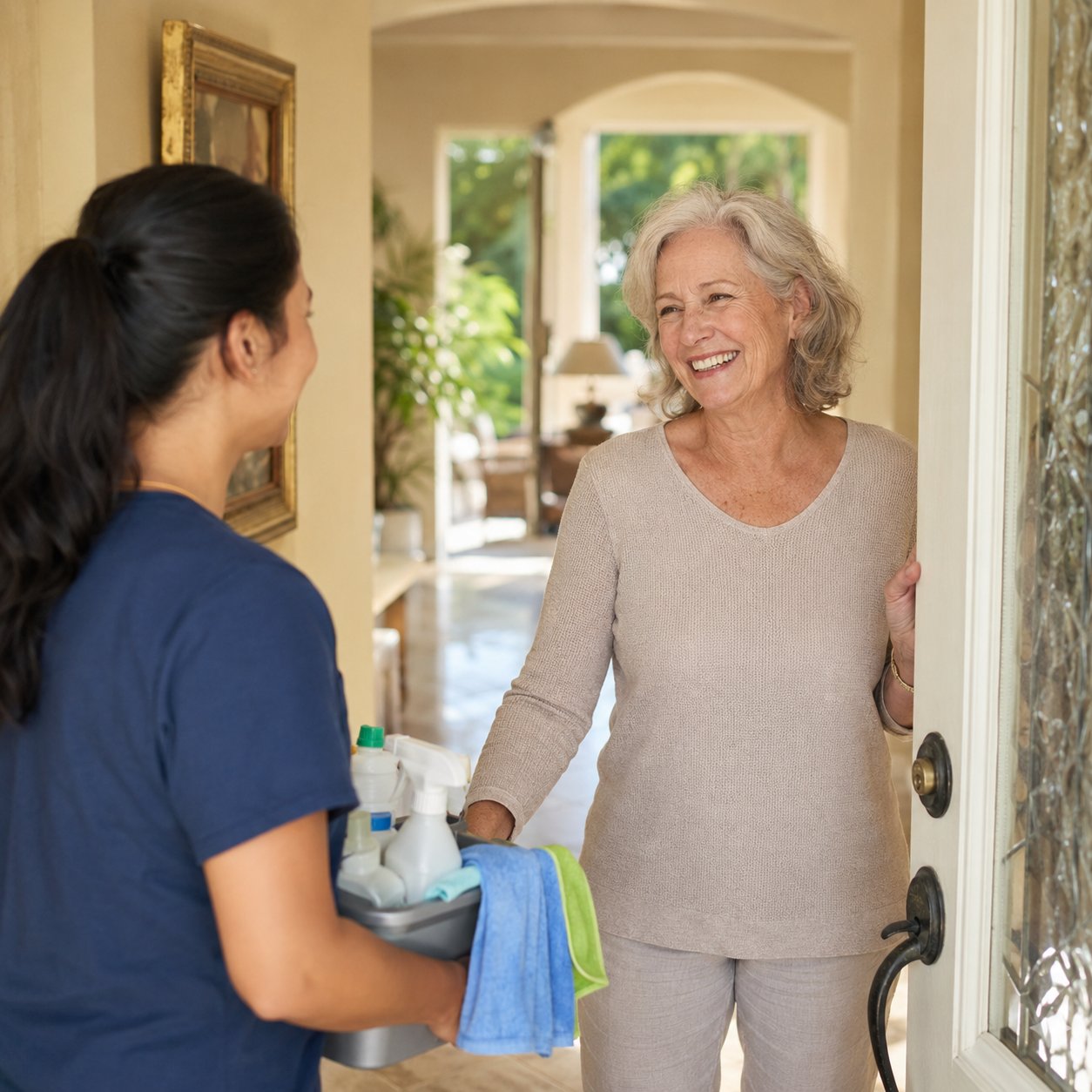 A homeowner greeting her regular cleaner at the front door